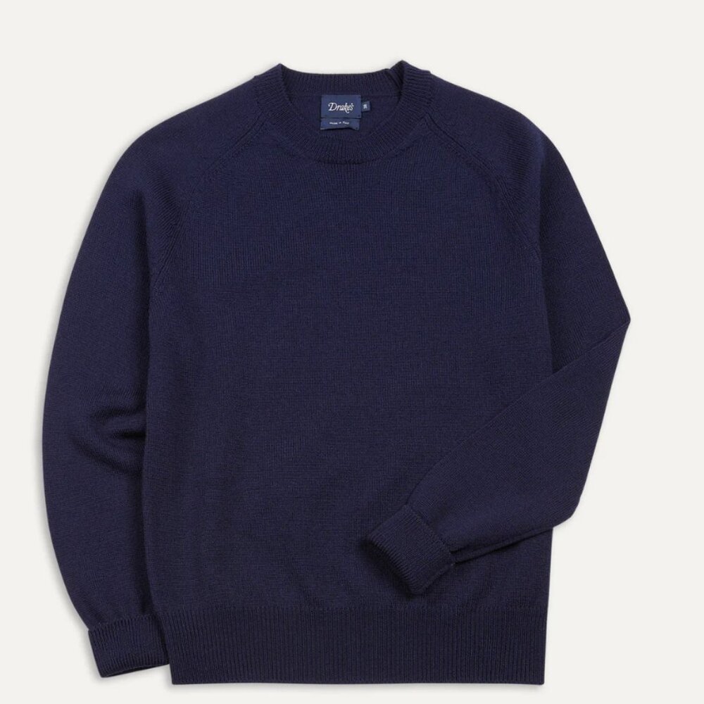Drake's - Navy Merino Crew Neck Jumper - Size M